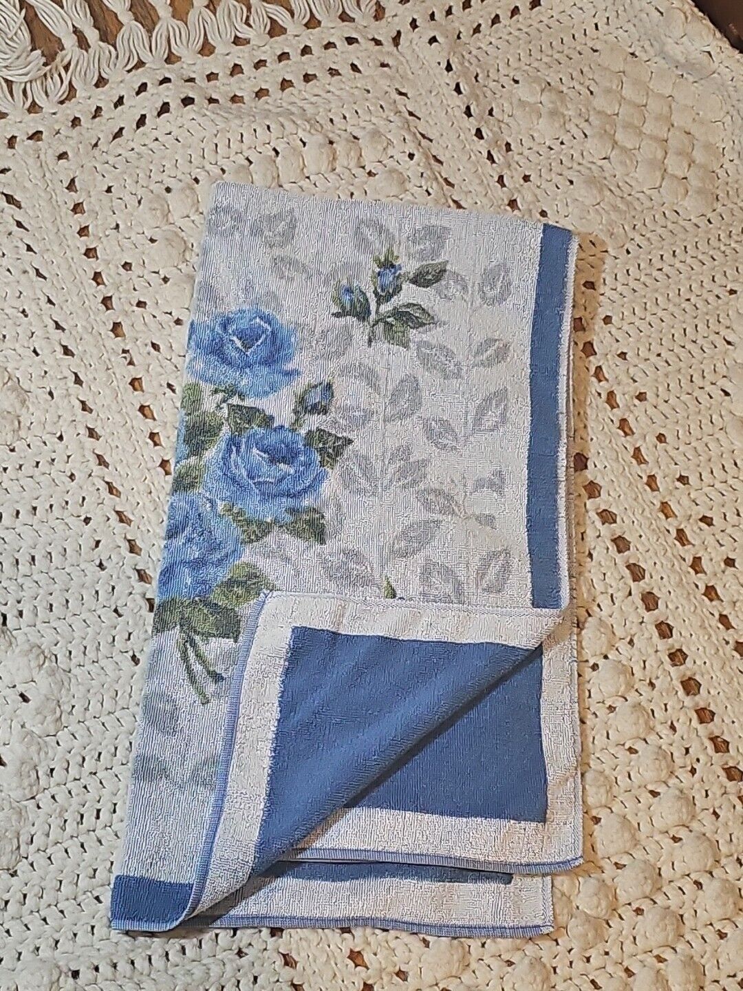 Vintage Blue Rose Floral Reversible Bath Towel