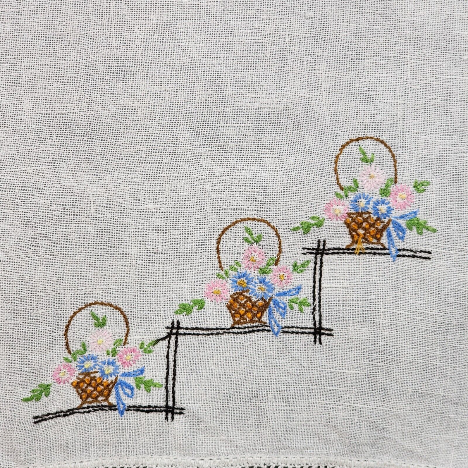 Vintage Kitchen Towel, Linen, Basket Embroidery With Flowers 14x23 Crochet Edges