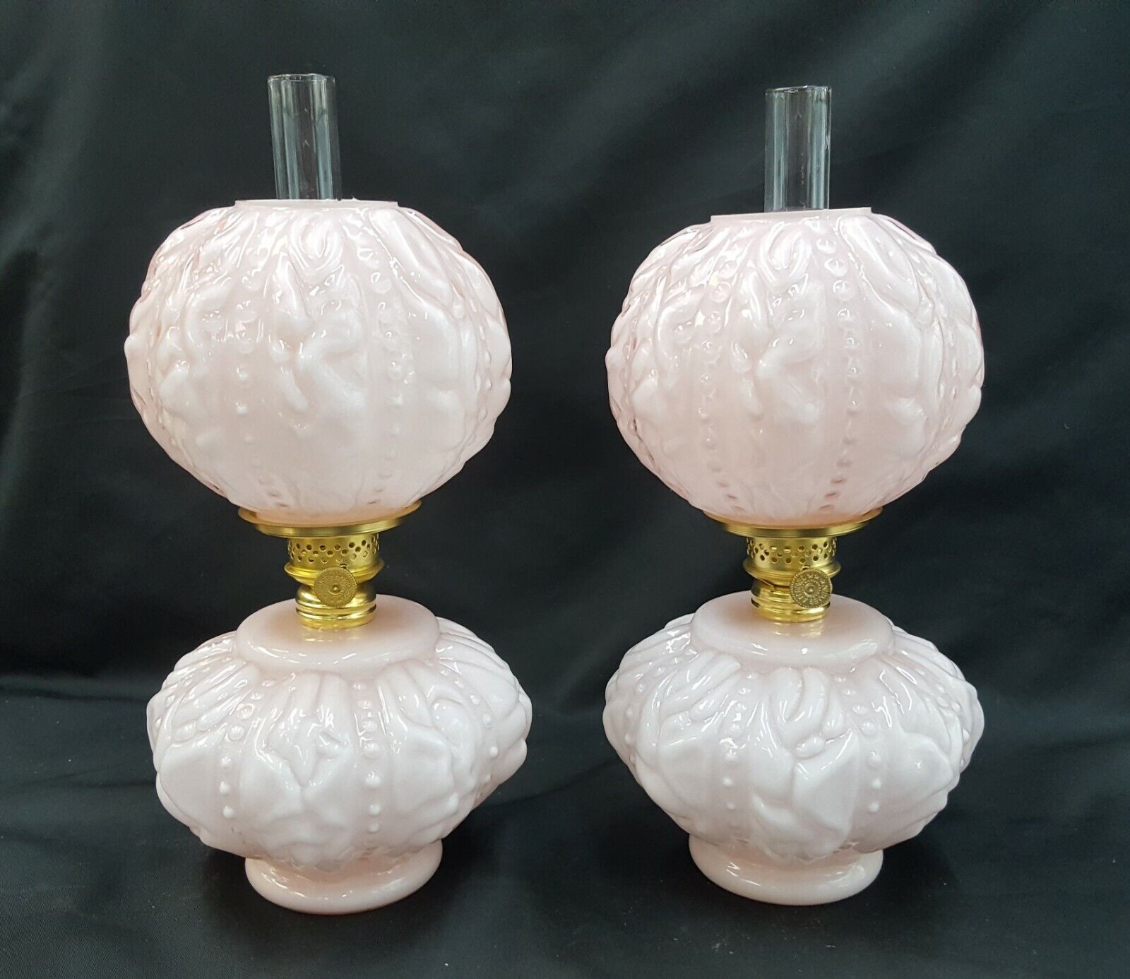 Pair of Reproduction Pink Glass Miniature Hurricane Lamps 