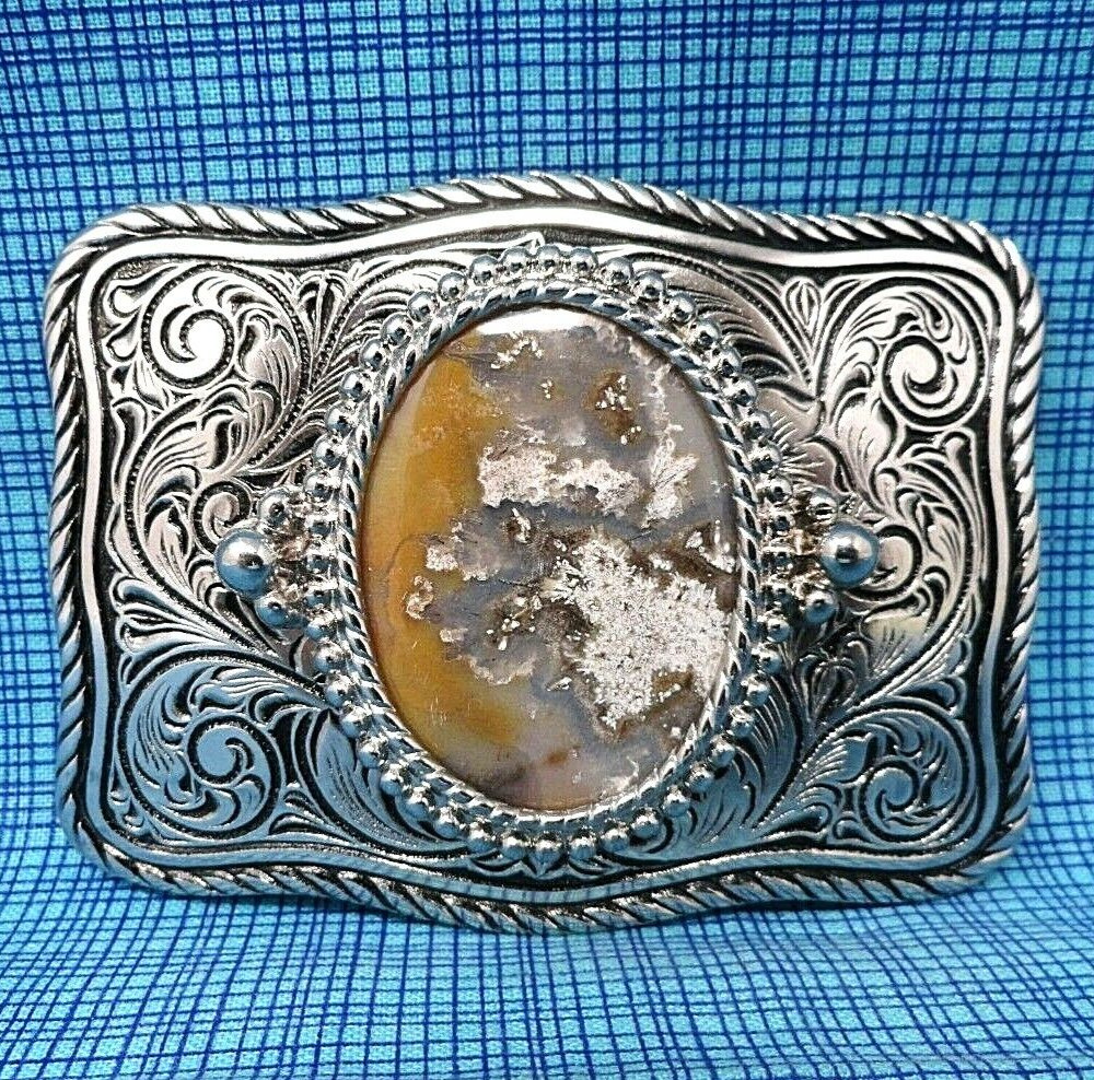 Classic Western Belt Buckle Brown Gray White Stone Mount Vtg 70s 80s     .CPA110