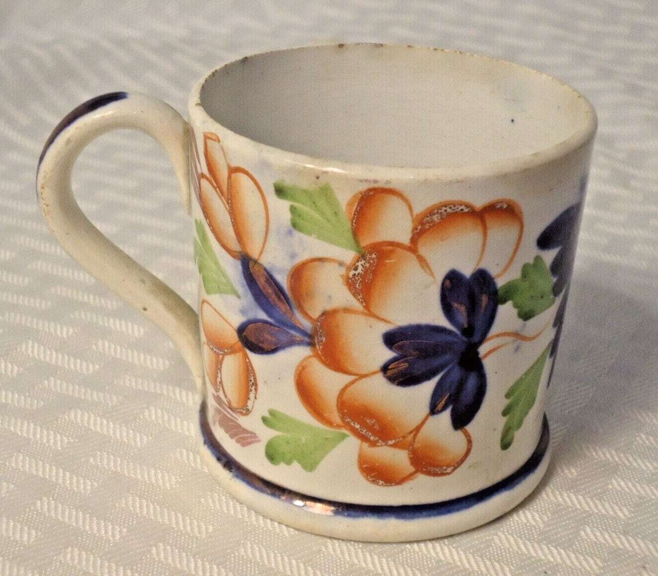 Colorful Antique Staffordshire Porcelain Gaudy Welsh Small Mug 2 1/2