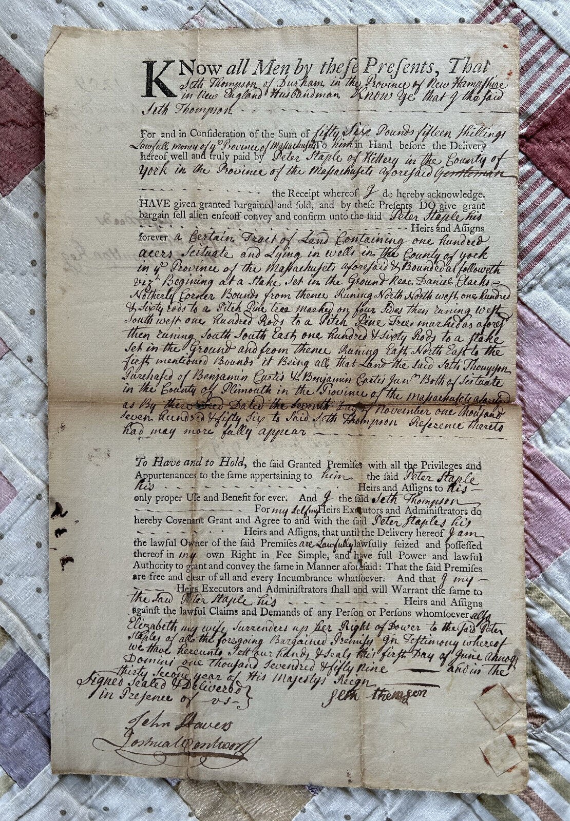 1759  COLONIAL DEED  (DURHAM, NH &  KITTERY & WELLS, ME)   THOMPSON TO STAPLES