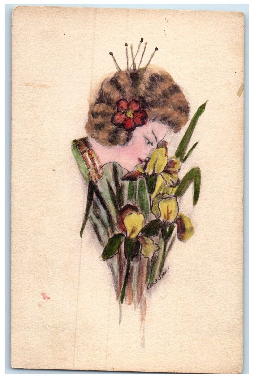 c1910's Woman Curly Hair Flowers Hand Painted Cobb Shinn Antique Postcard
