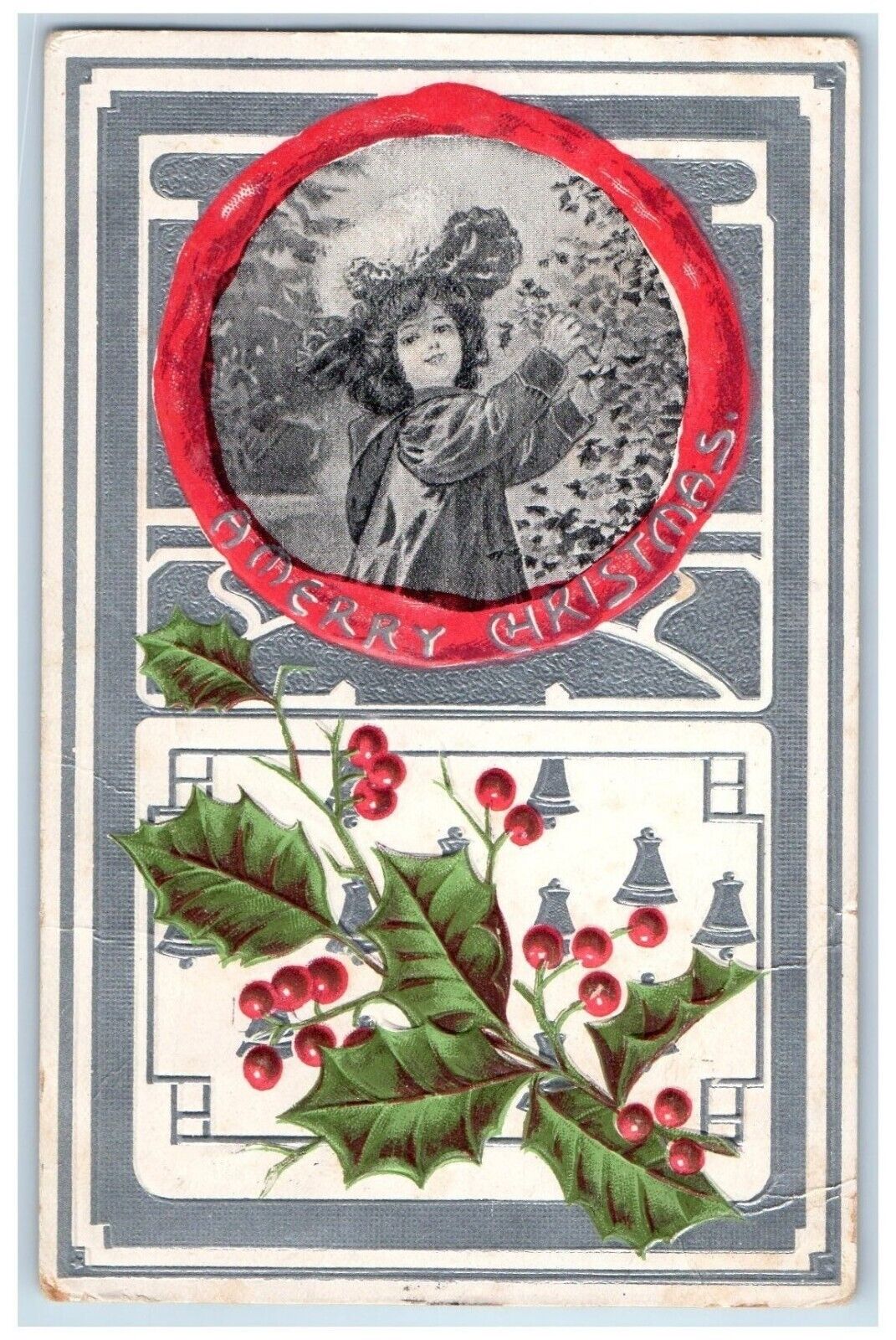 1909 Merry Christmas Girl Holly Berries Embossed Taneytown Maryland MD Postcard