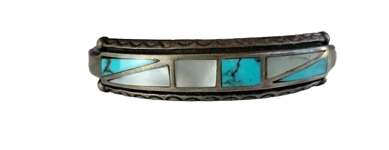 VINTAGE Native American Sterling Silver Turquoise Mother of Pearl Cuff Bracelet 