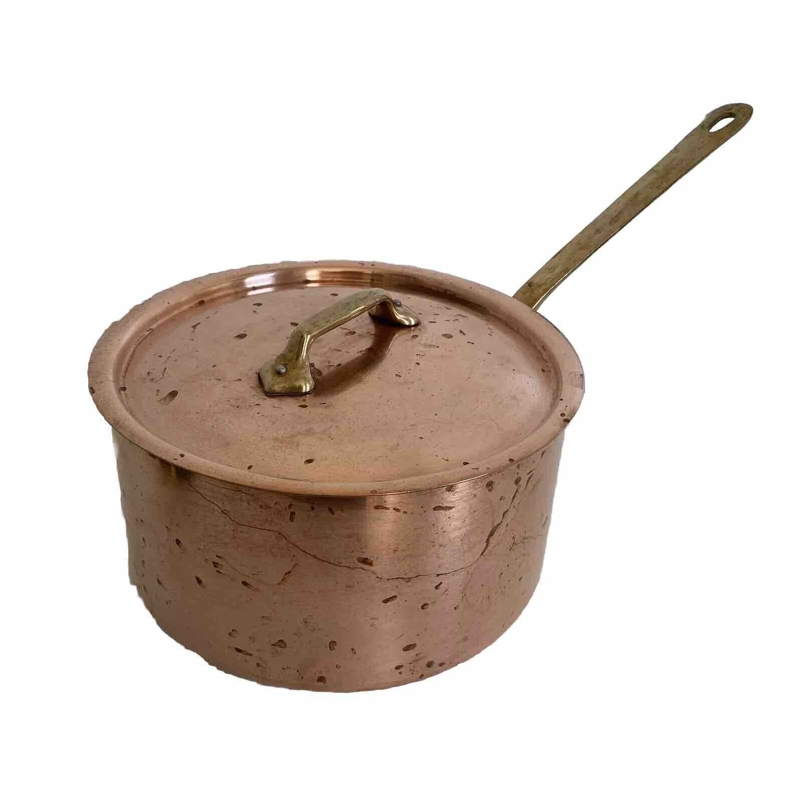 Vintage Copper Pot Sauce Pan Brass Handle Made In France Heavy 8” x 4 3/8”