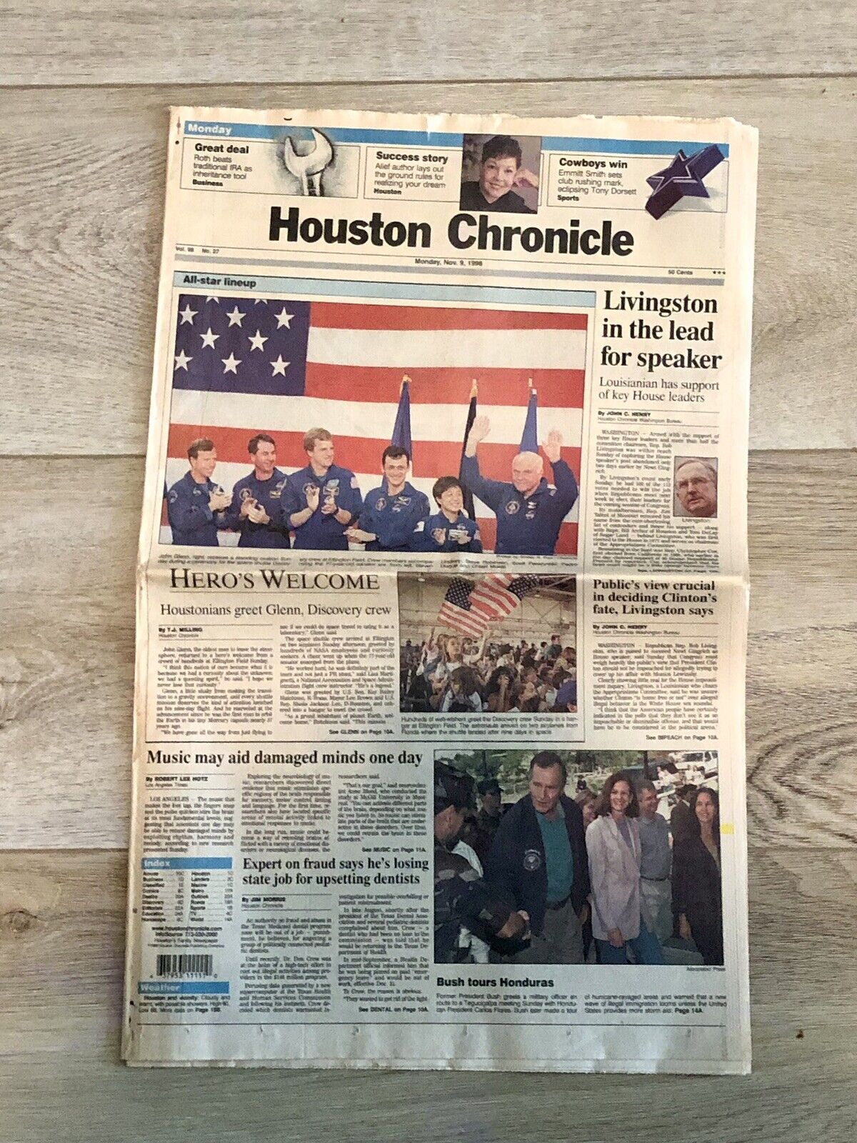 The Houston Chronicle Nov 9, 1998 John Glenn, 77,  Oldest to Reach Space