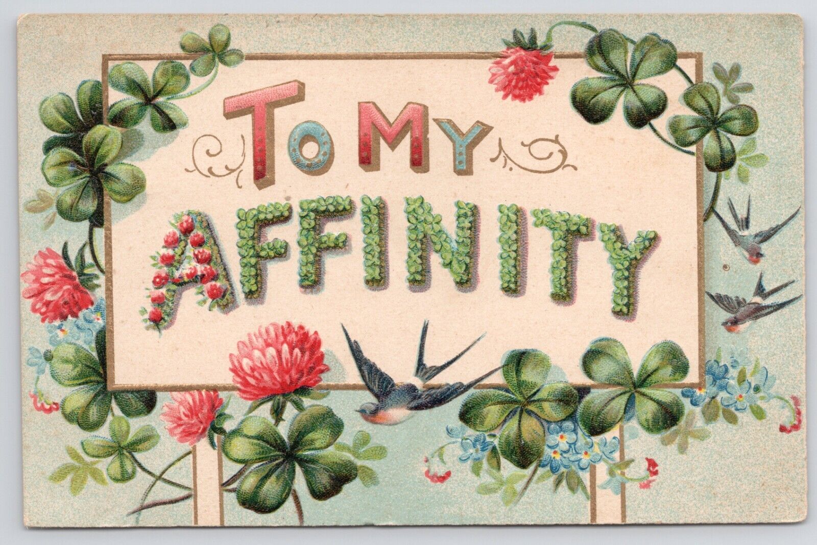 To My Affinity Large Letter Greeting 1911 Embossed Divided Back Postcard