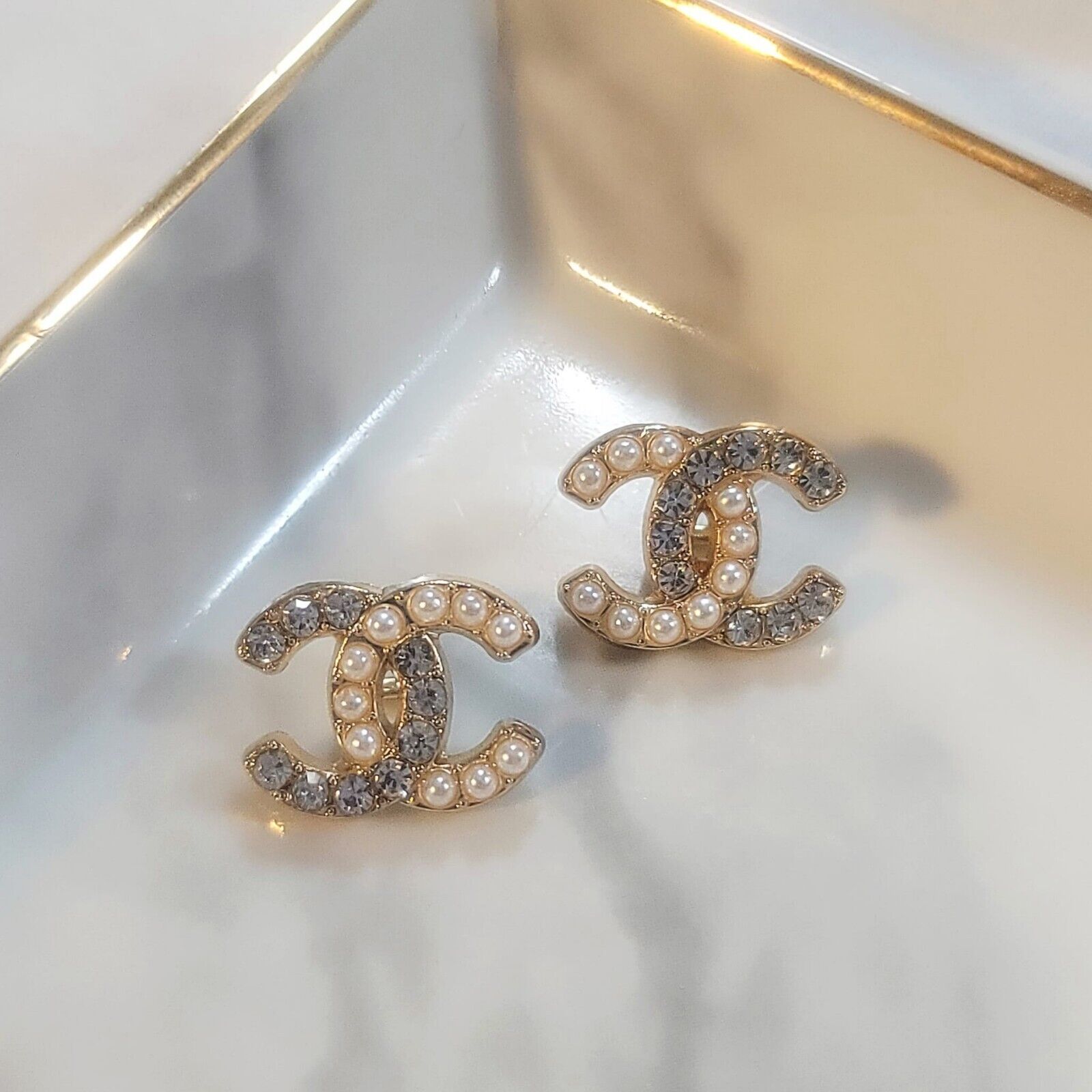 2pc Set 18x14mm Stamped Chanel Buttons Gold tone metal, small white resin...