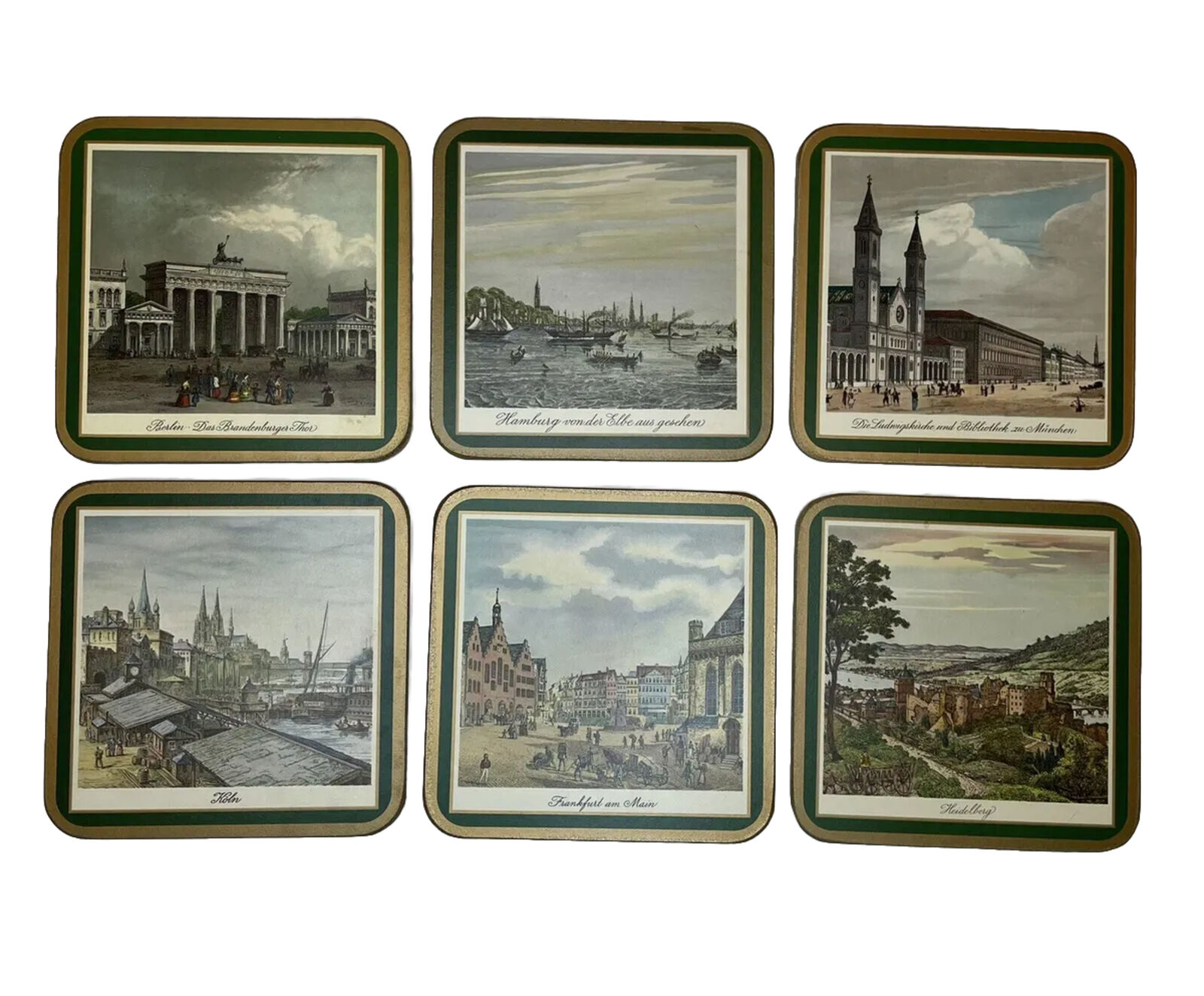 Vintage Pimpernel Six Traditional Cork Coasters German Cities Green with Box