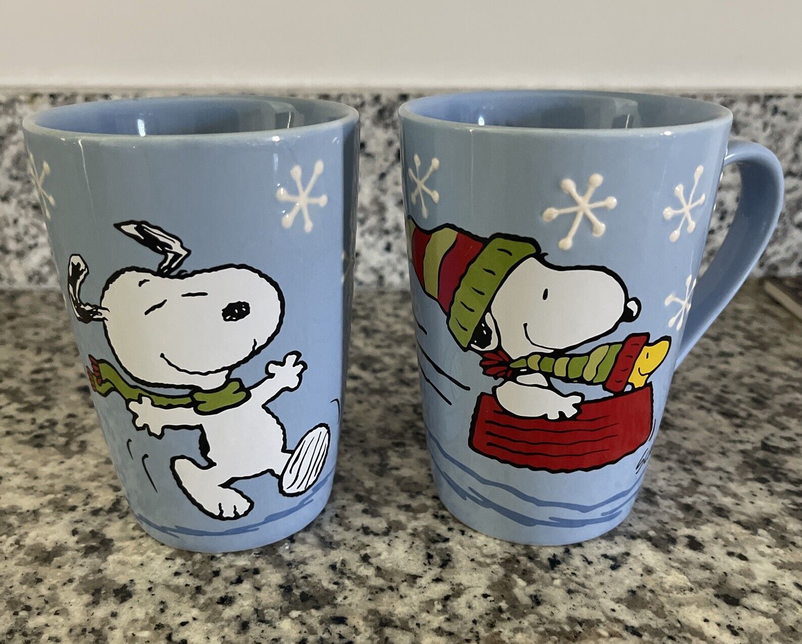 Snoopy Pair Of Christmas Mugs Peanuts Woodstock Winter Mugs Latte Cup Hallmark