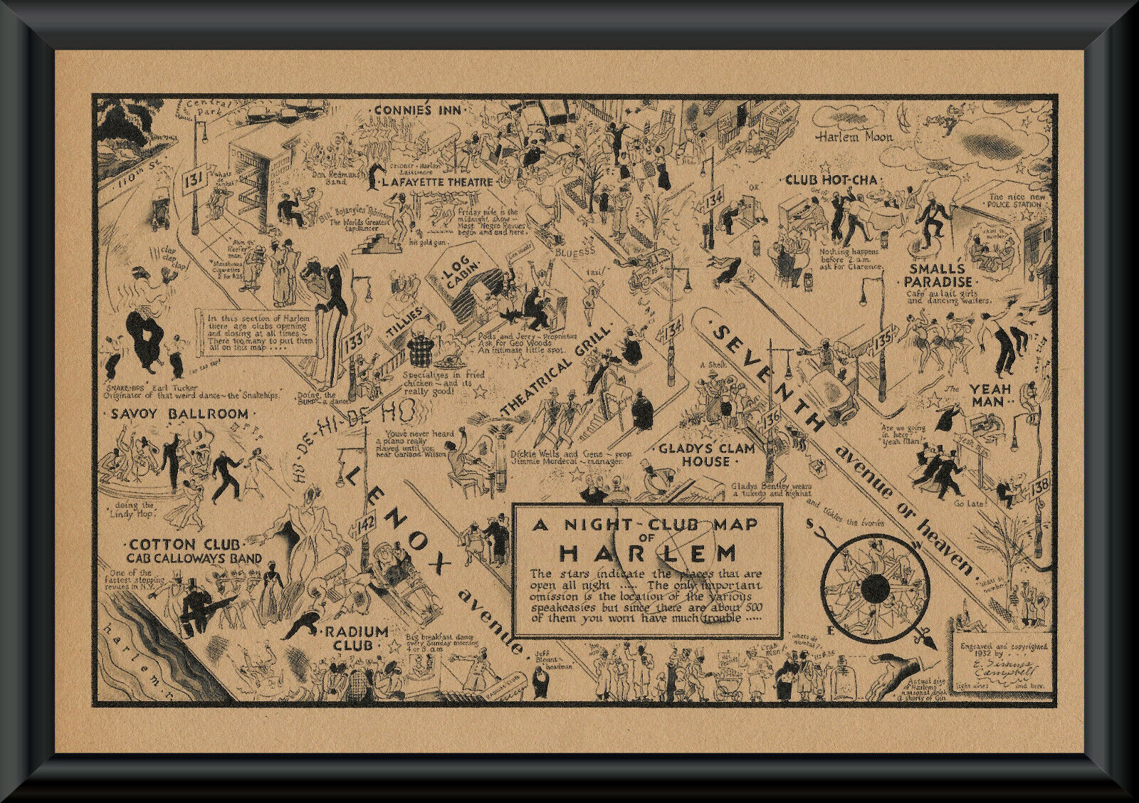 1930s Harlem Nightclub Map Reprint On 80 Year Old Paper Bar Decor *213
