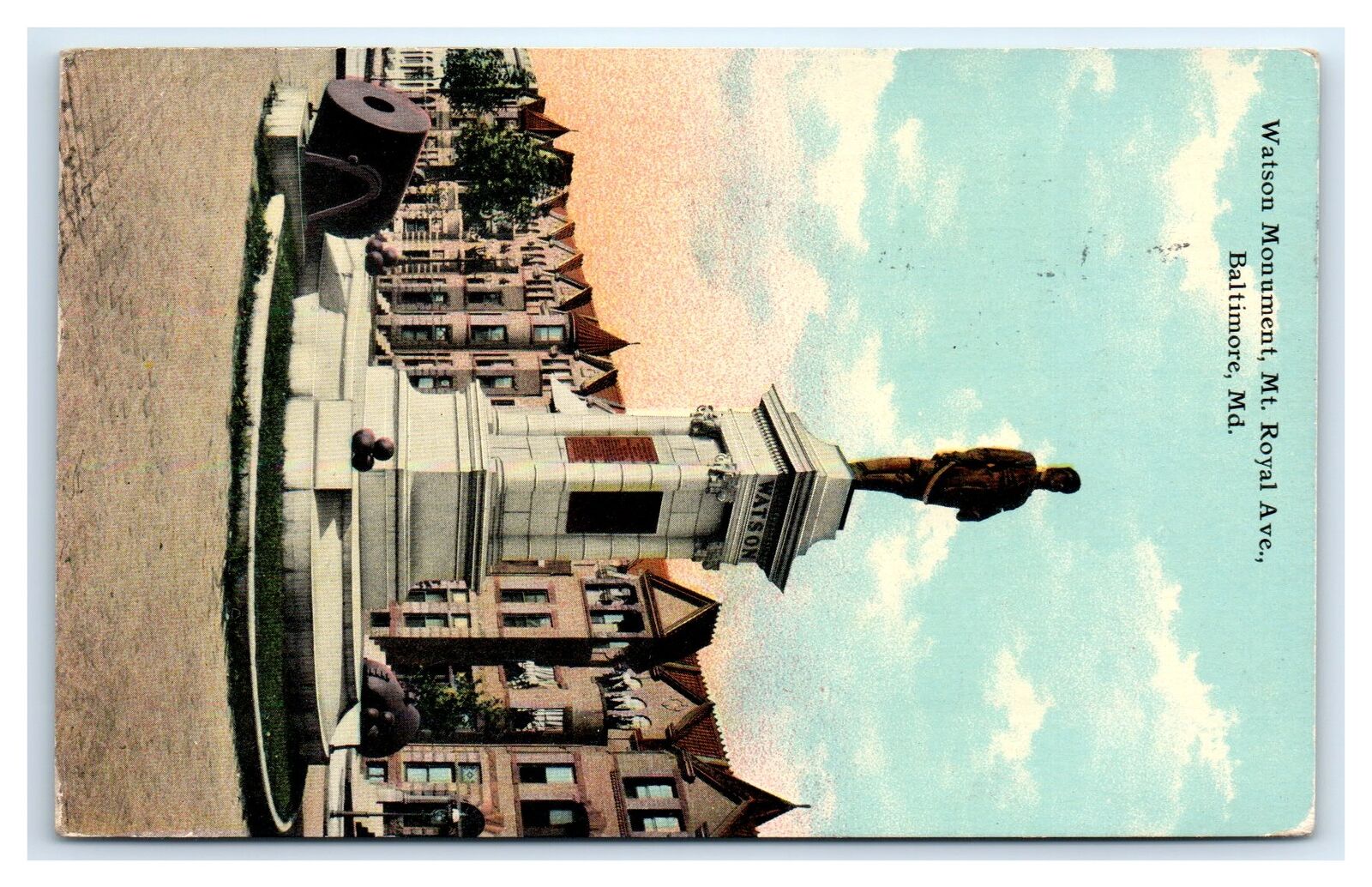 1913 BALTIMORE, MD Postcard-  WATSON MONUMENT MT ROYAL AVE BALTIMORE MD