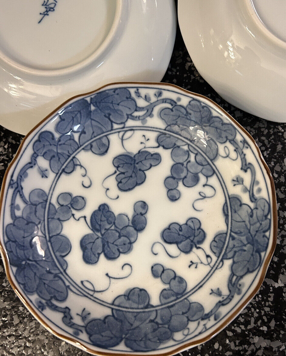 Japanese Arita Juzan Gama porcelain small plates approx 5” BLUE AND WHITE FLORAL