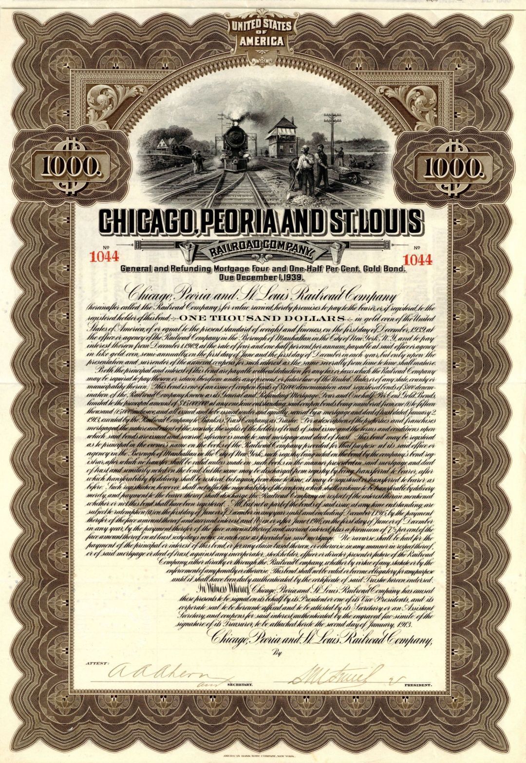 Chicago, Peoria and St. Louis Railroad Co. - $1,000 Bond dated 1913 - Railroad B