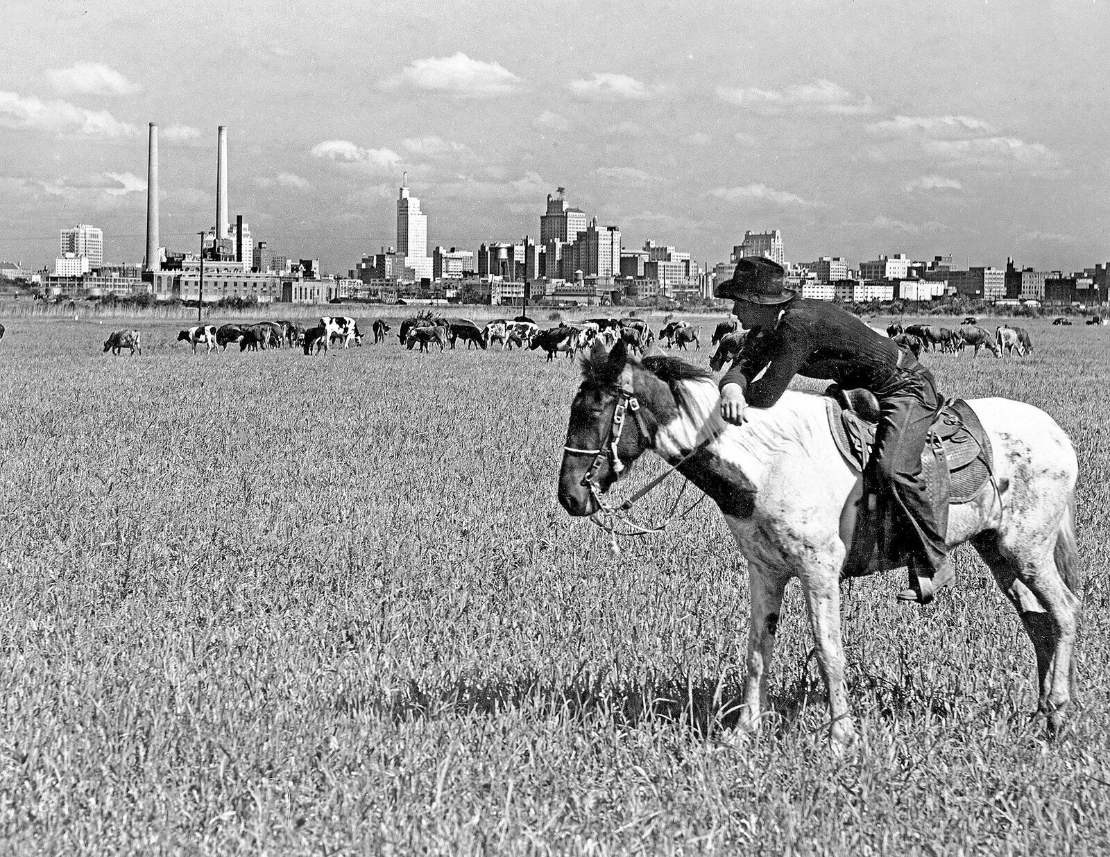 1945 Cowboy & Horse Dallas Texas Skyline Vintage Old Photo 8.5\