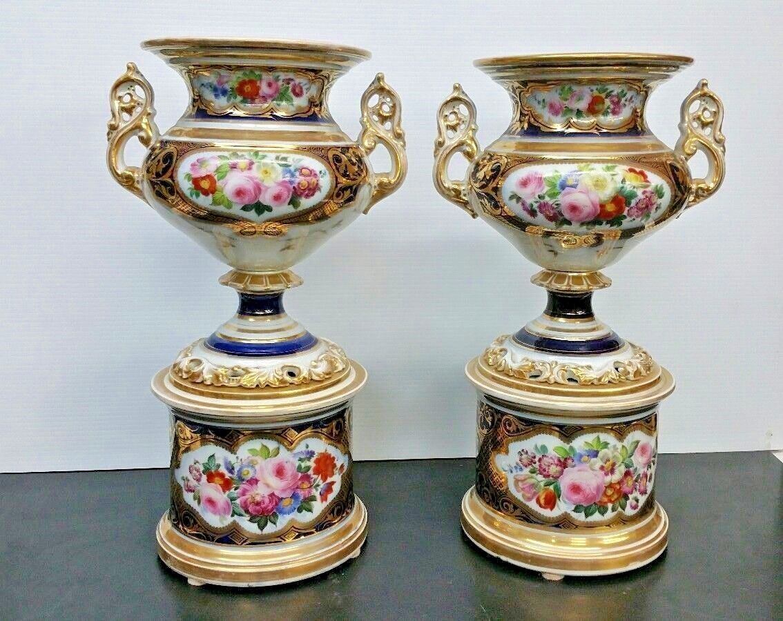 Antique Pair of Magnificent Paris Floral Porcelain Urns on Stands