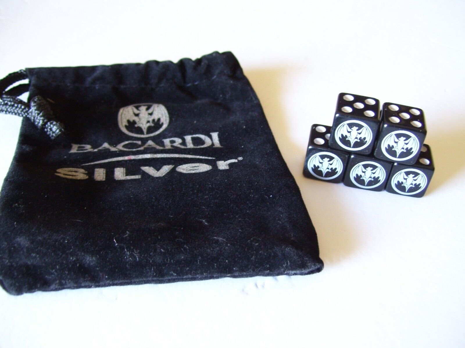 Bacardi Silver Bat Logo 5-piece Dice Set with Logo Dice Bag Promo Give away