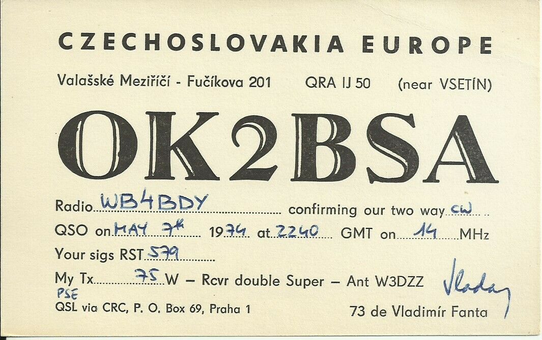 Vintage OK2BSA Vsetin Czechoslovakia 1974 Amateur Radio QSL Card