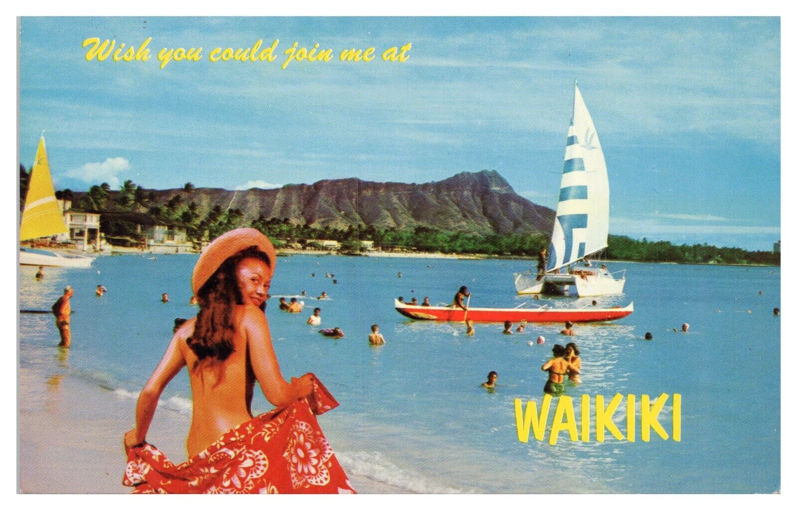 Vintage Wish You Could Join Me Waikiki Hawaii Postcard Beach Unposted Chrome