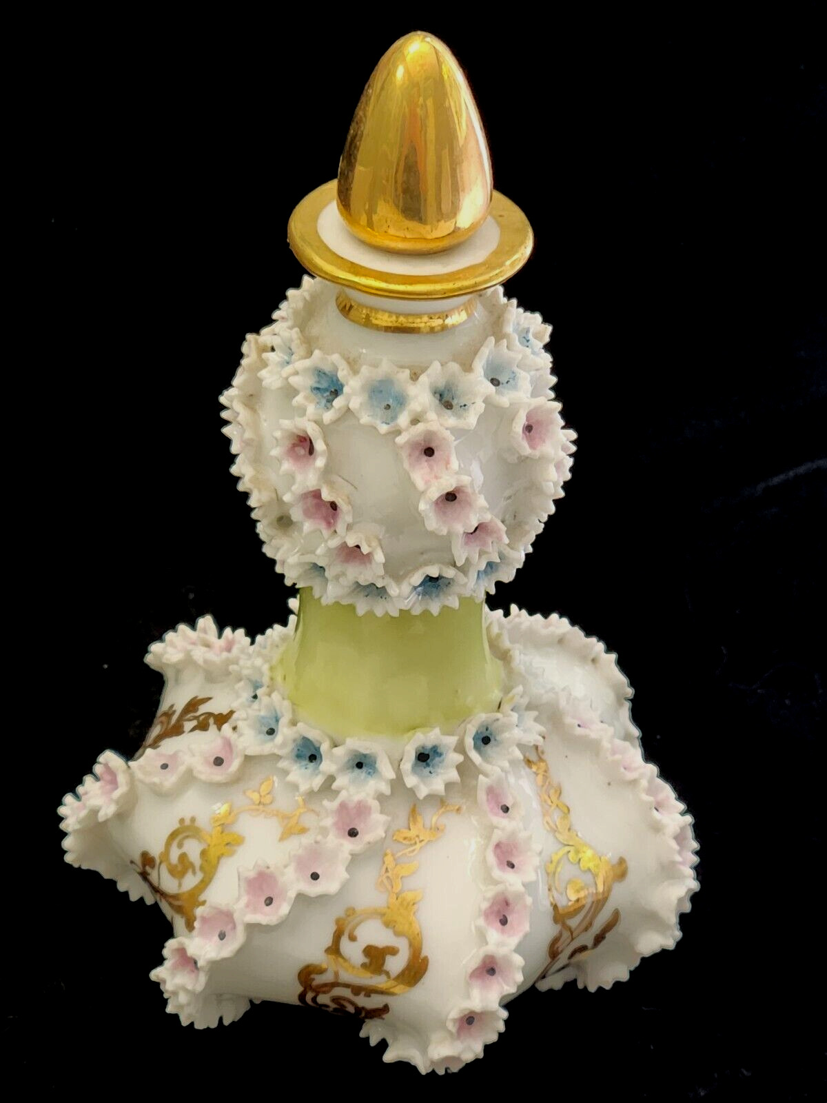 Vintage/Antique Porcelain Scent Bottle-Encrusted Flowers w/ Gold Design #1656