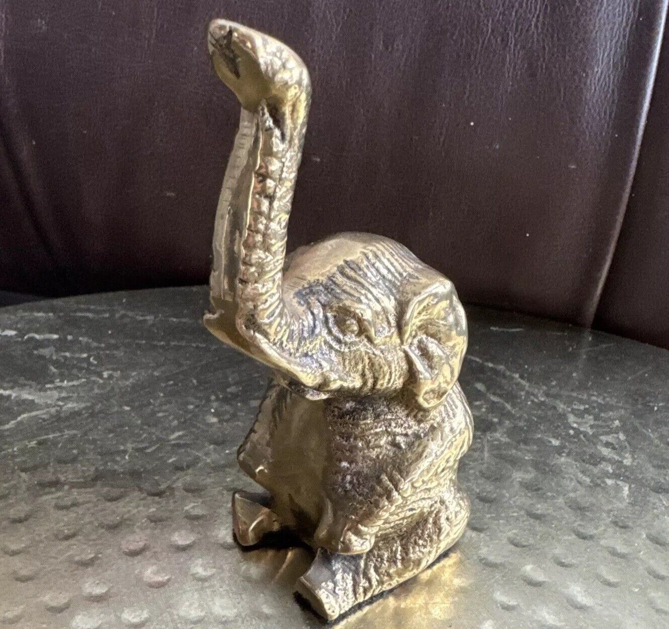 Vintage  Brass Cast Elephant Sitting Trunk Up Good Luck Paperweight 3.75” Tall
