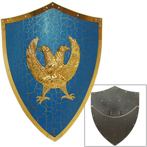Medieval Two Headed Eagle Shield Knights Prop Wall Hanger Blue & Gold 25 Inch