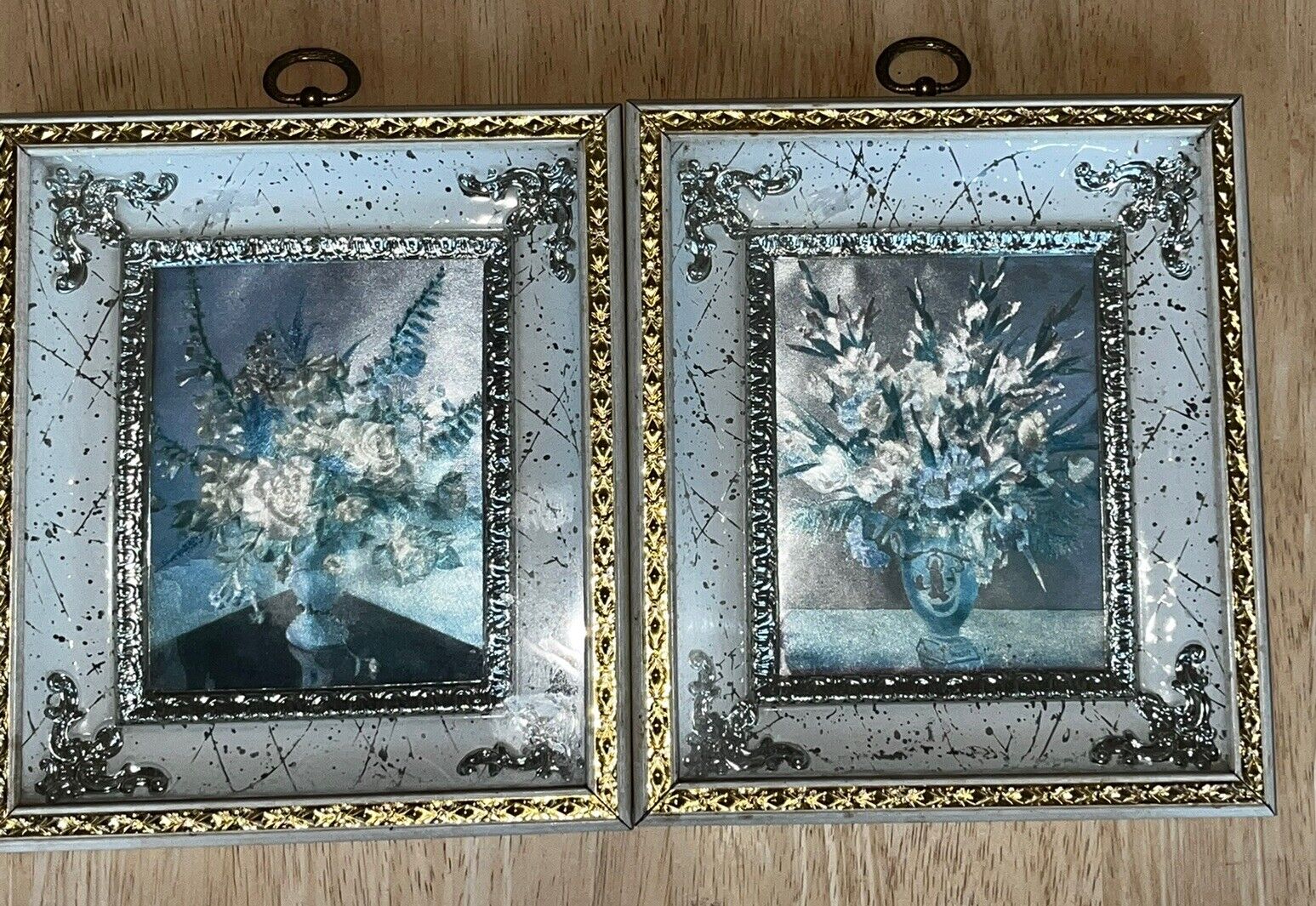 Antique Pair Framed Floral Art - Shimmery Luminous 8” x 7” Fancy Prints