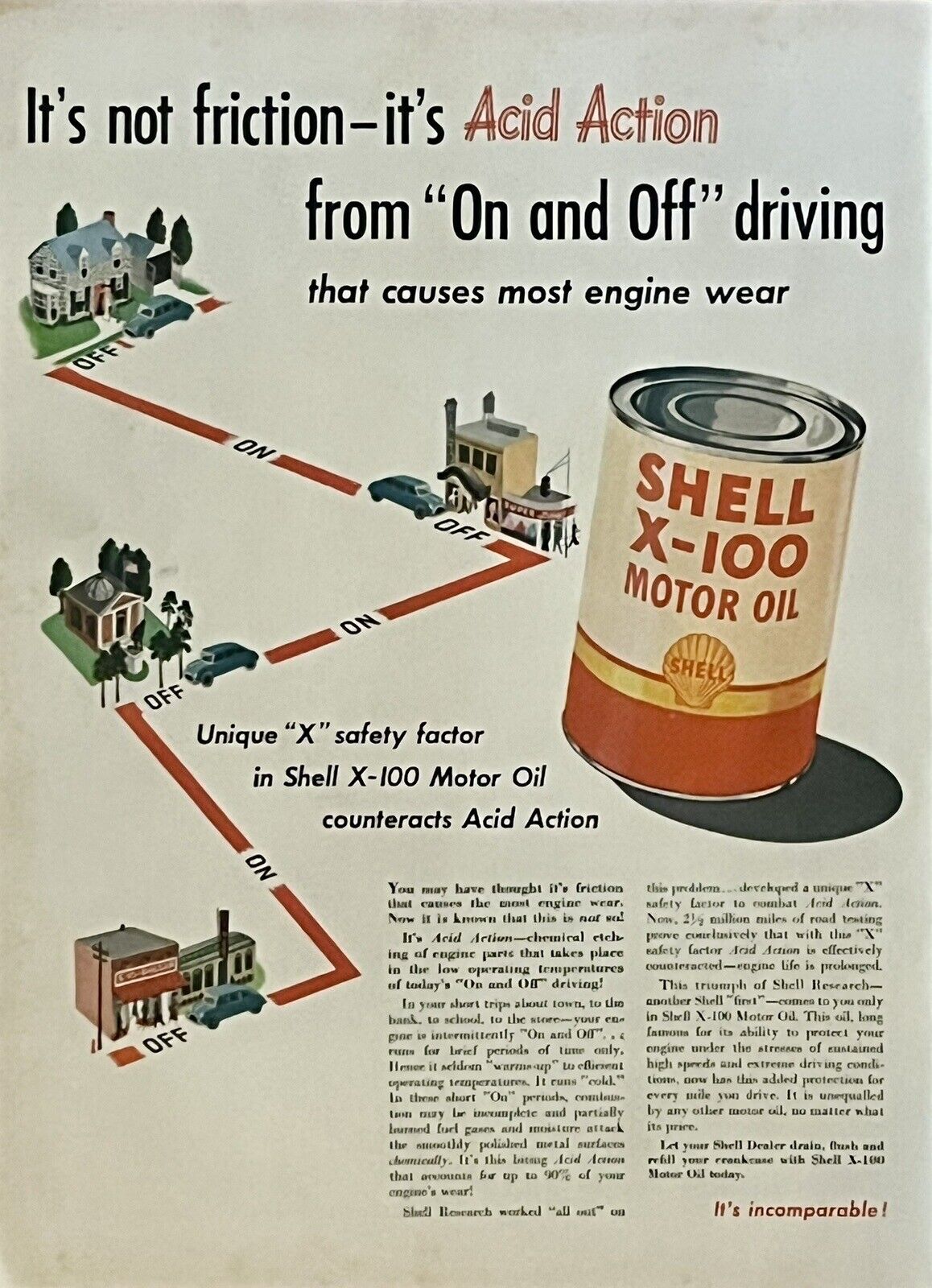 1948 Vtg Print Ad Shell X-100 Motor Oil Gas Car Auto Retro Garage Man Cave Art