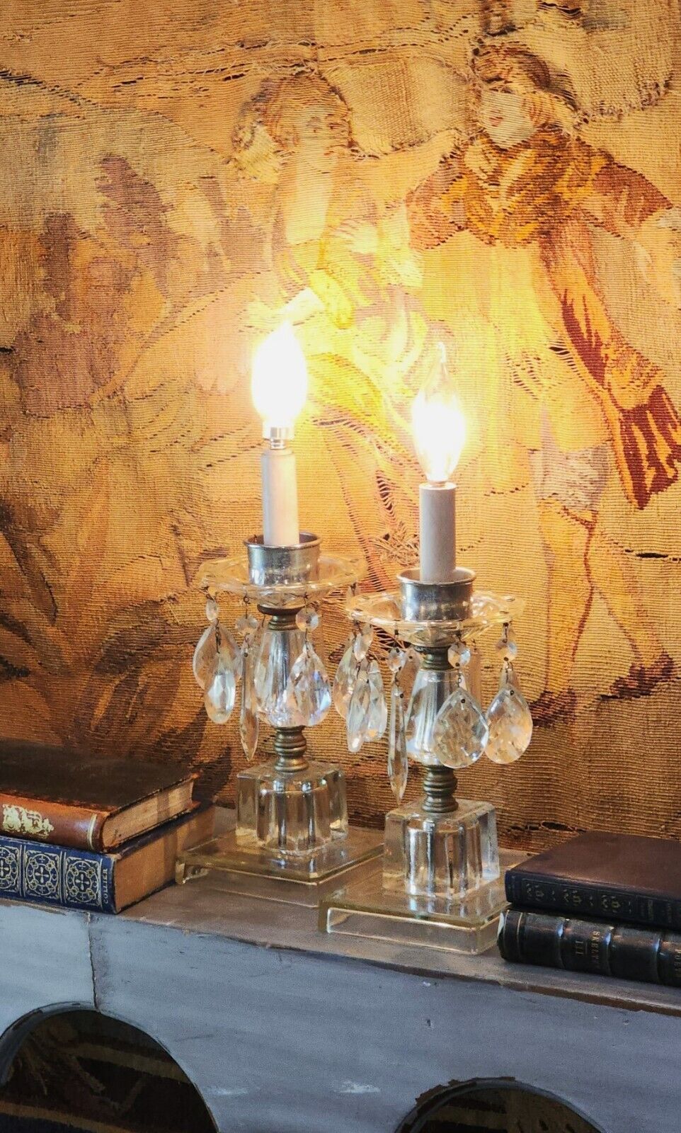 Vintage Pair Crystal Glass Cube Lamps 1930s