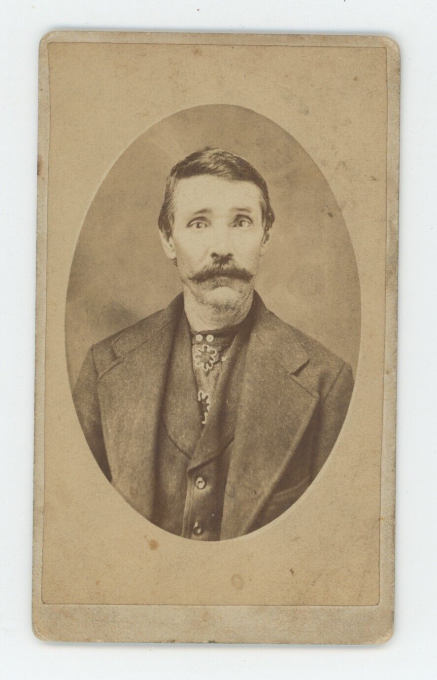 Antique CDV c1870s Handsome Rugged Man With Large Mustache Wearing Suit & Tie