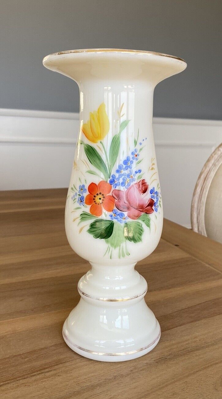 Vintage White Milk Glass 10.5” Flower Vase - Hand Painted Flowers - Great