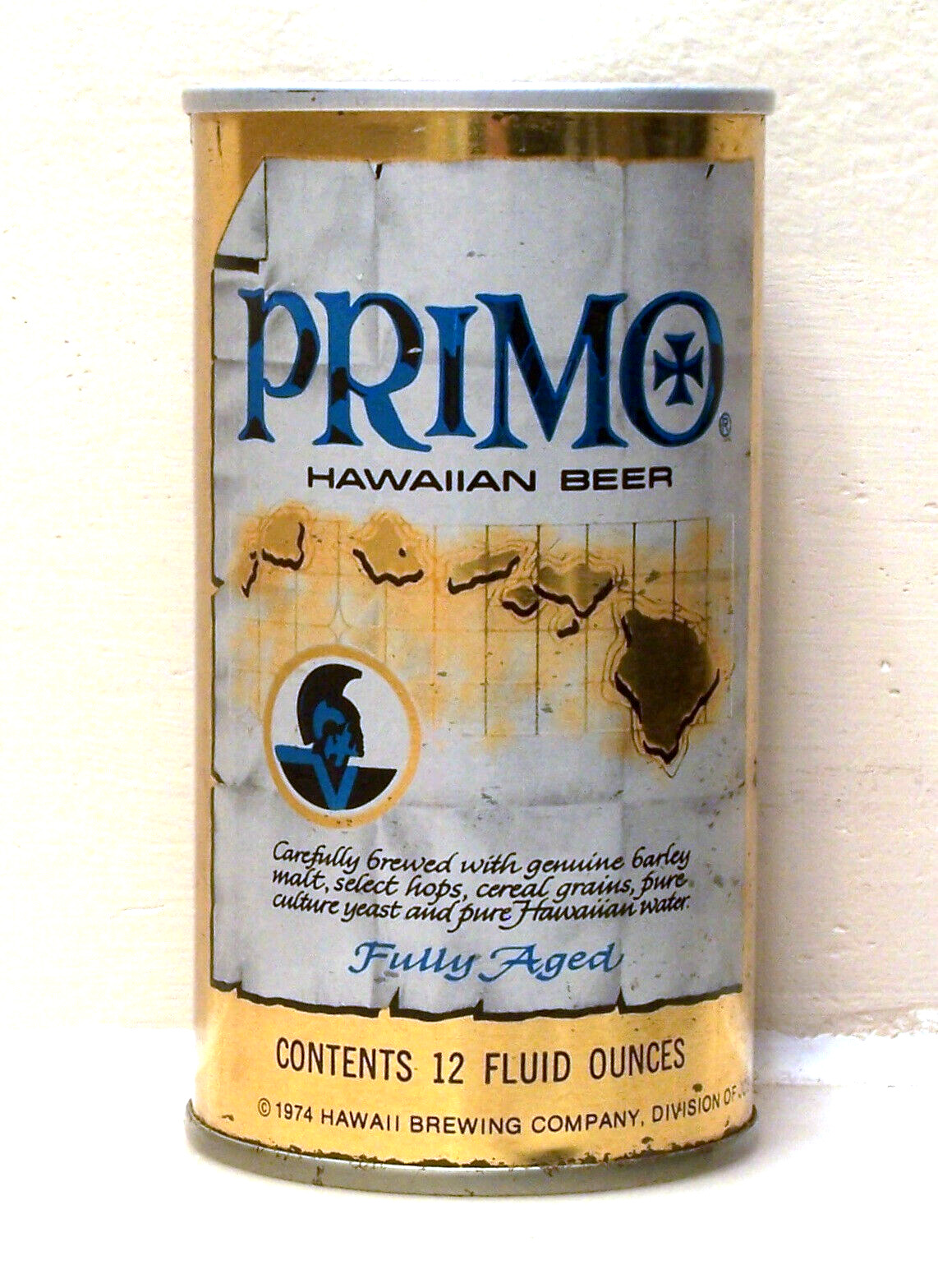 PRIMO gold/blue/white Hawaiian S/S beer can