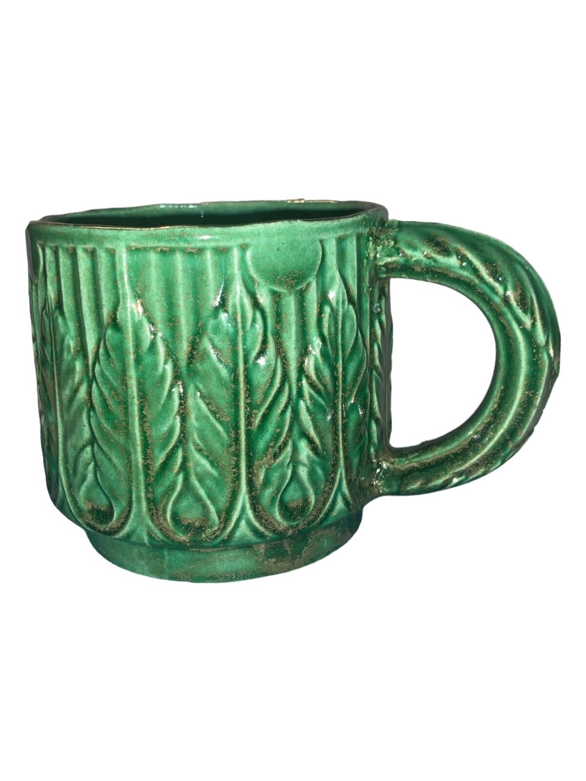 Vintage 1970s Green Coffee Mug Raised Art Deco Leaf  3 Inches Tall