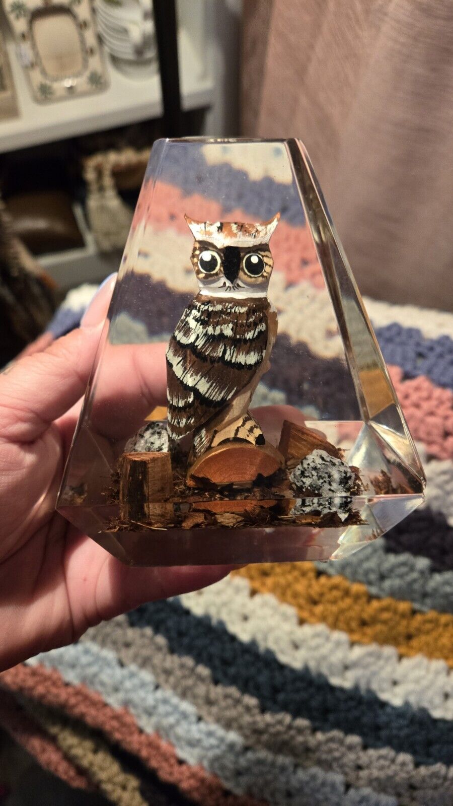 Vtg Acrylic/Lucite Horned OWL Paperweight Figurine Hand Carved/Painted Canada