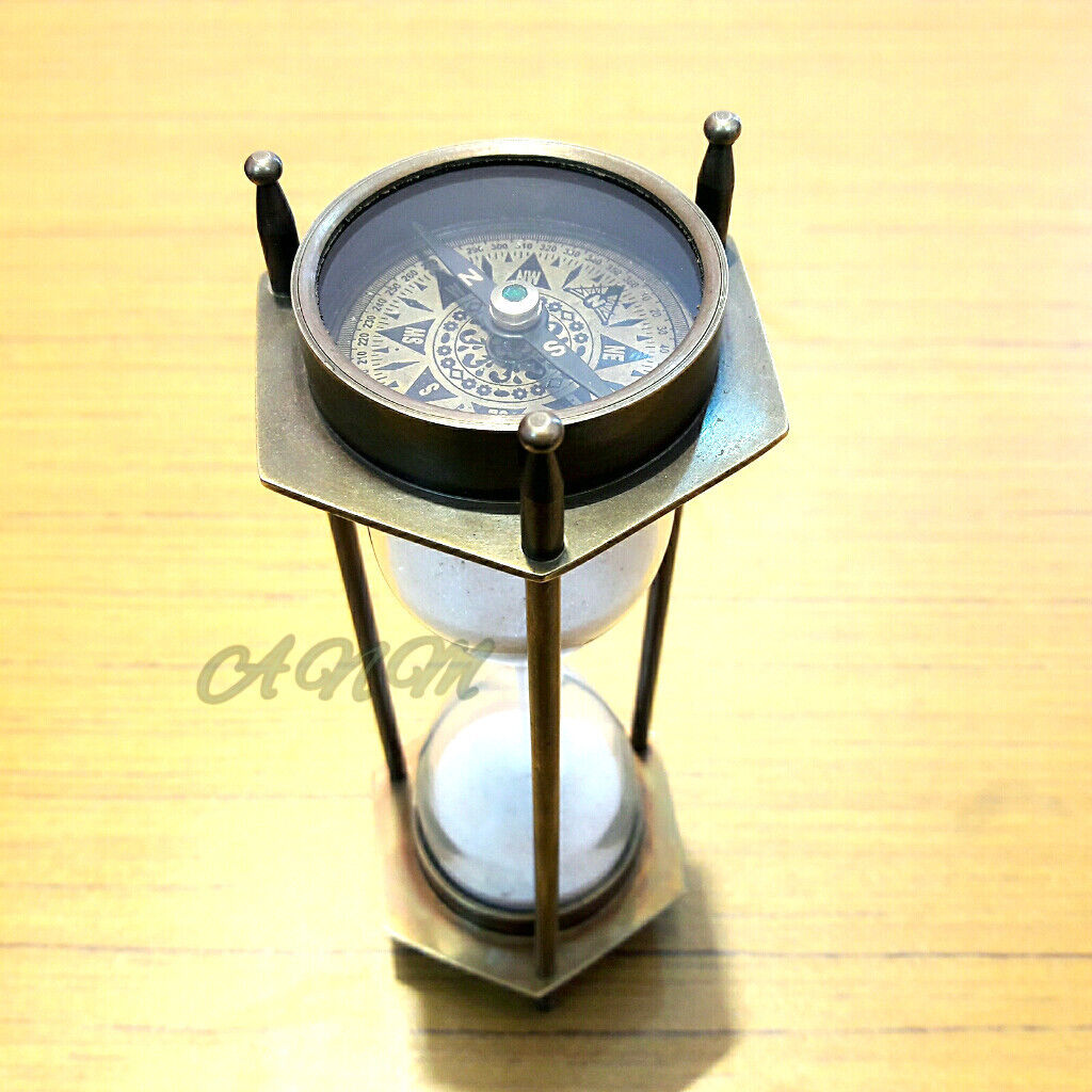 Antique Brass Sand Timer Both Side Compass Nautical Desktop Item