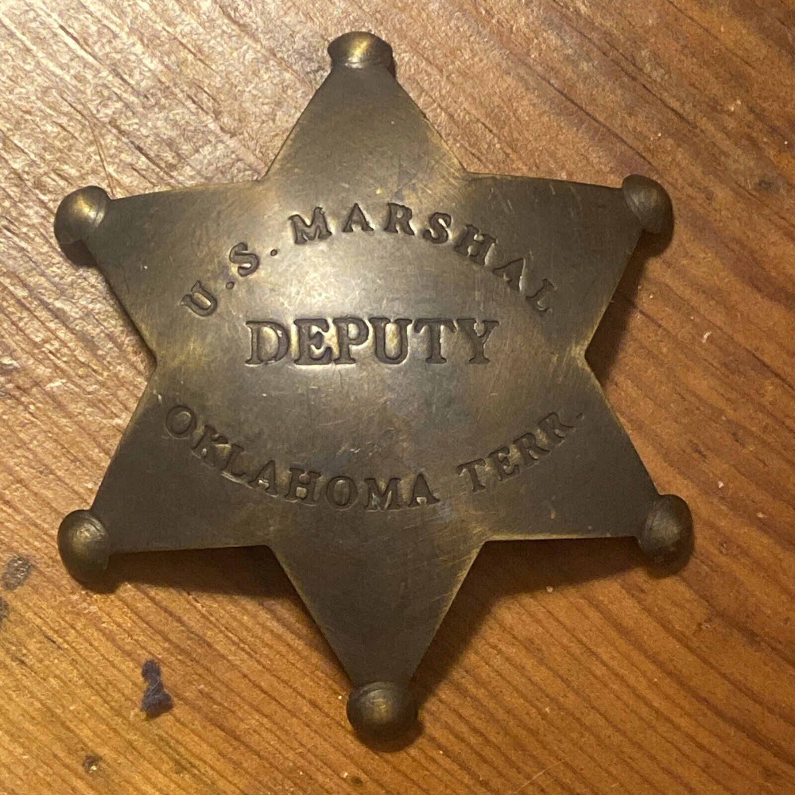 Vintage BRASS U.S Marshal Deputy OK Terr. Badge Six Point Star Design