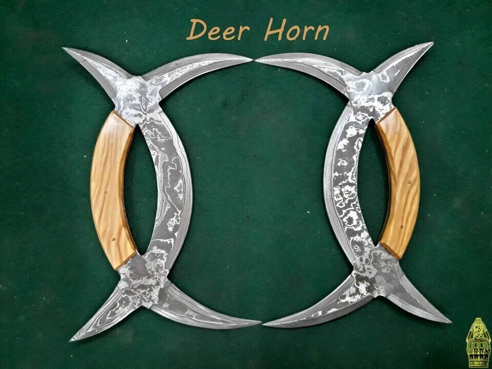 Custom Handmade Knife King's Stunning Damascus Deer Horn Knife Pair With Wood