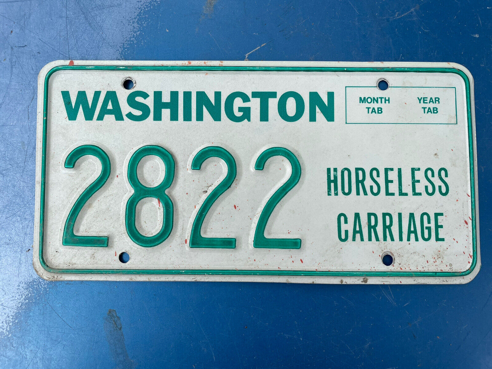 Rare Vtg 1982 Base Washington HORSELESS CARRIAGE License Plate 2822 White Green
