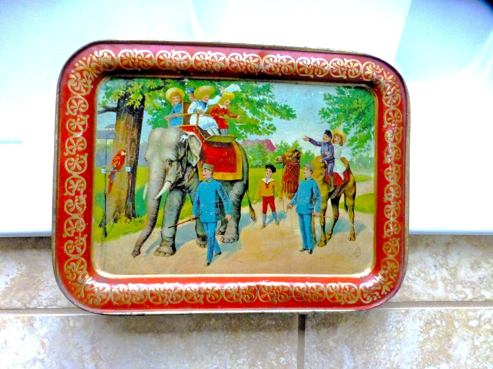 Antique Circus Lithograph Tin Metal Tray Elephant Children Animals Very Cool