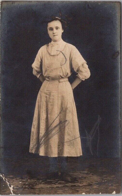 c1910s RPPC Photo Postcard Young Woman with Hands Behind Back / Studio Portrait