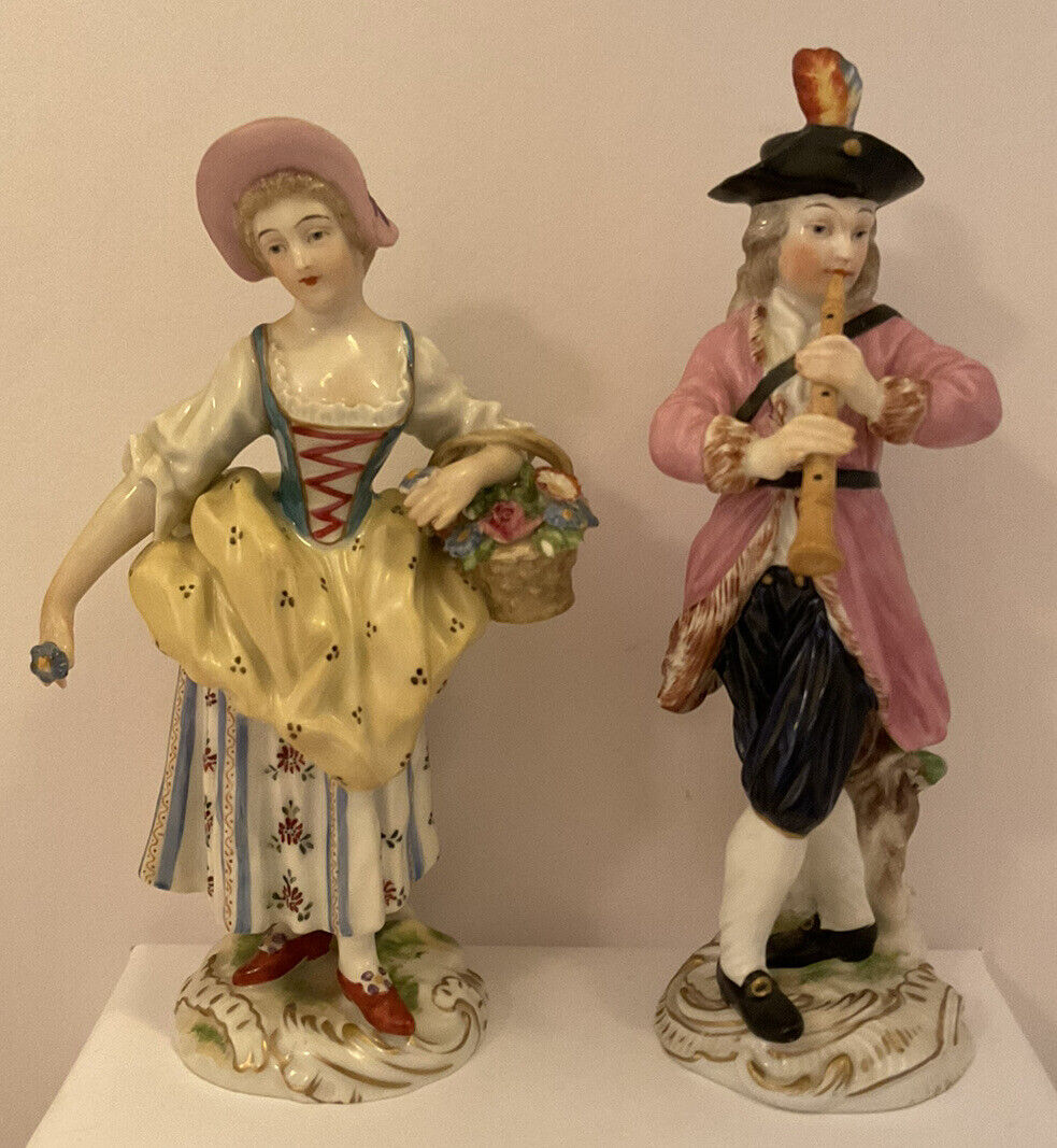 VINTAGE DRESDEN SAXONY FIGURINE PAIR MAN & WOMAN COUPLE WITH FLOWERS & FLUTE 6”