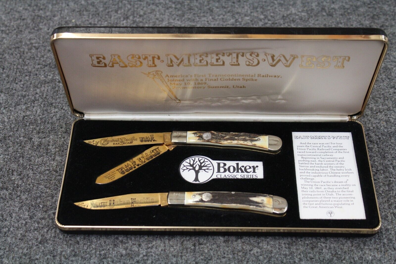 East Meet's West 2 Pocket Knife Set w/ Display Box (USED) Union Pacific Railroad