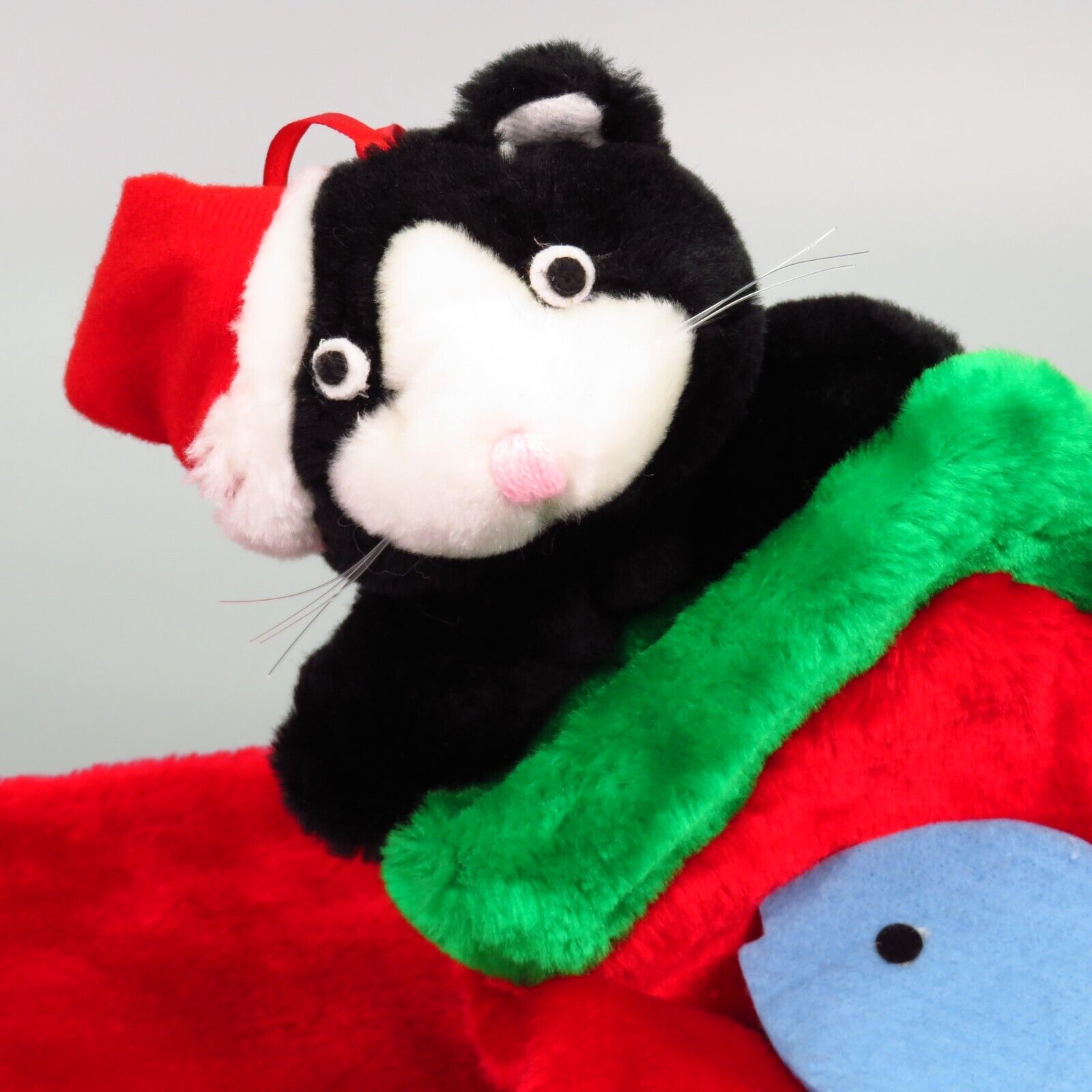 Vintage Ugly Cat Christmas Stocking Plush 3D Kitty Siberian Black White Red 20\