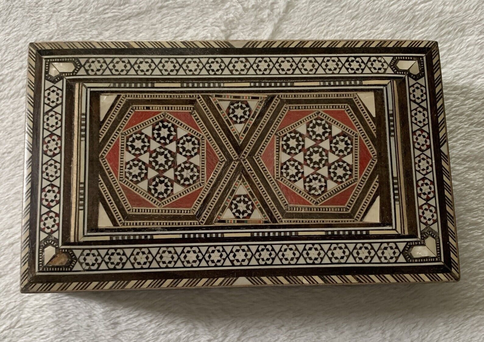 Antique Moorish Jewerly Wood Box Persian? Inlaid Mosaic Marquetry