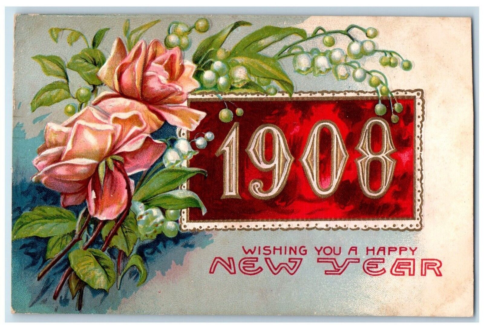 1907 New Year Holly Pink Flowers Large Numbers Embossed Bridgeport CT Postcard