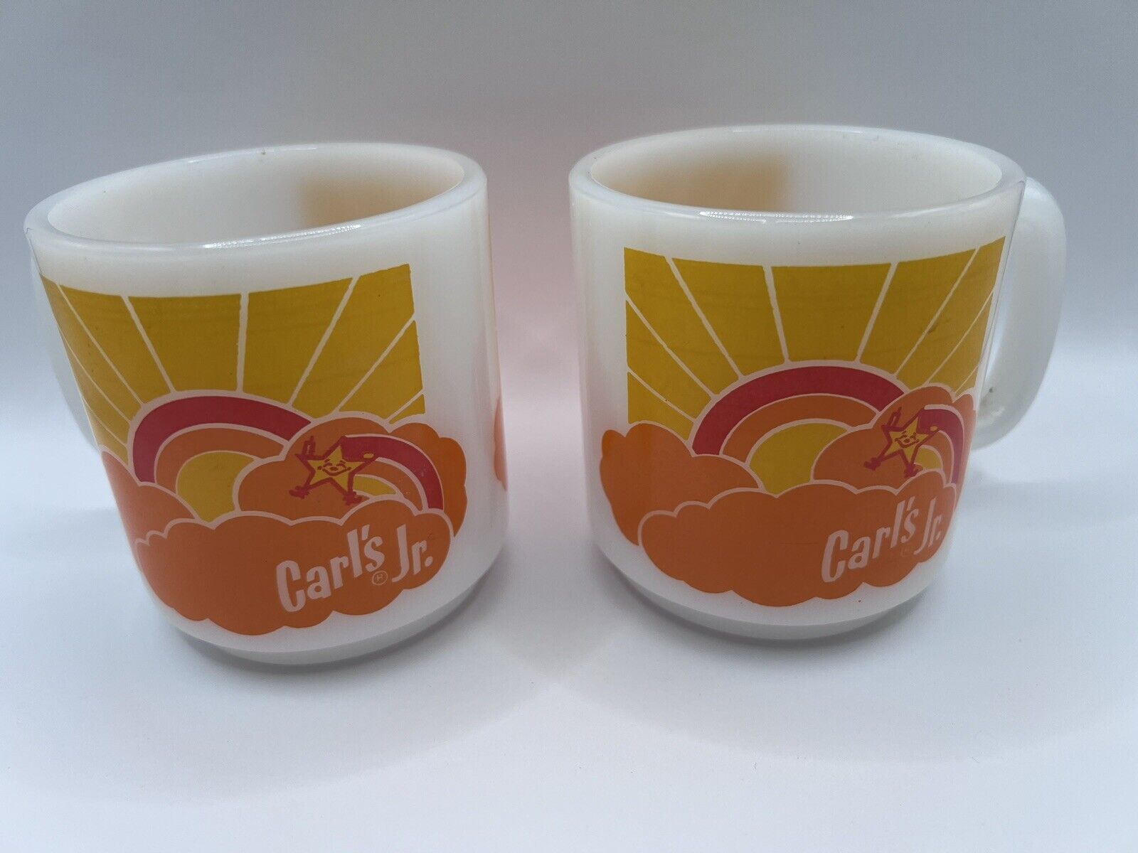 Vintage Carl's Jr Happy Star Sunrise Coffee Mug’s Glasbake 1970's, Set of 2