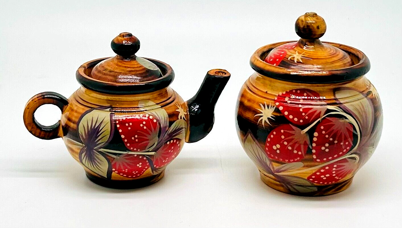 Russian Khokhloma Hand Painted Sugar Bowl & Teapot Creamer Wood Lacquer Berry