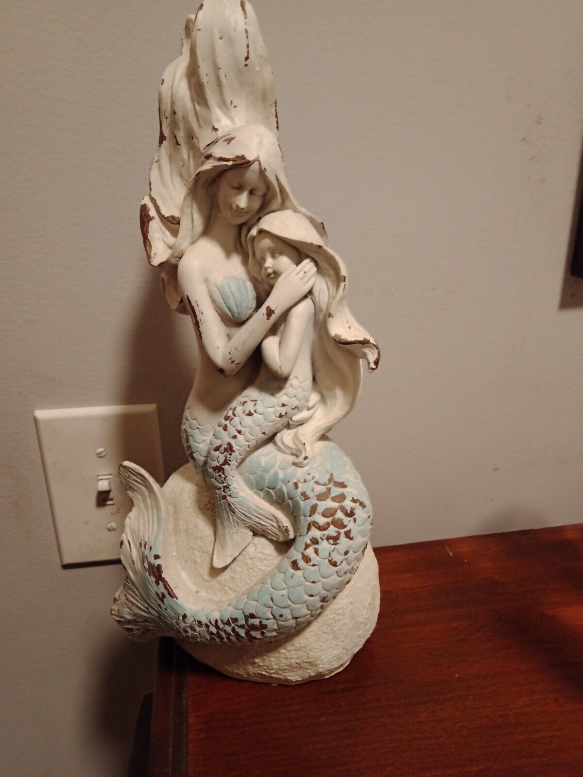RESIN MERMAID WITH MERMAID CHILD ON ROCK DISTRESSED LOOK 13 INCHES TALL