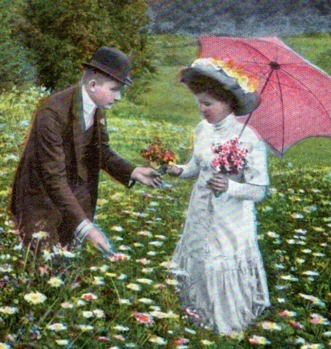 1913 When the Heart is Young Romance Poem Woman Field of Flowers Postcard GJ